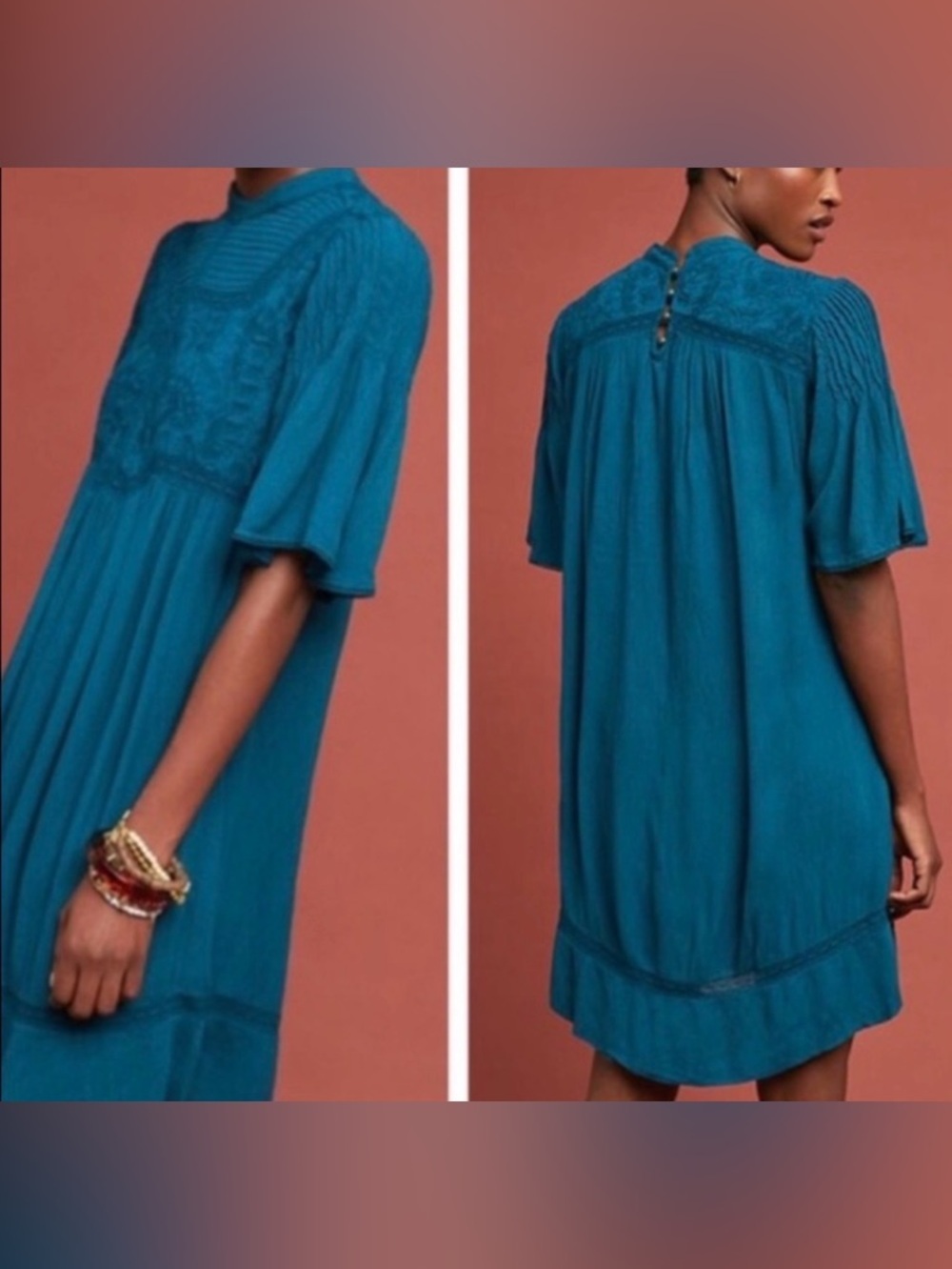 Anthropologie bell sleeve tunic dress size 14 teal blue Meadow Rue Lace Texture